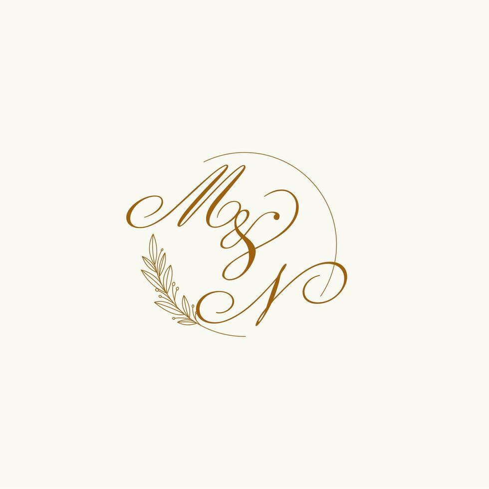 Initials MN wedding monogram logo with leaves and elegant circular lines vector