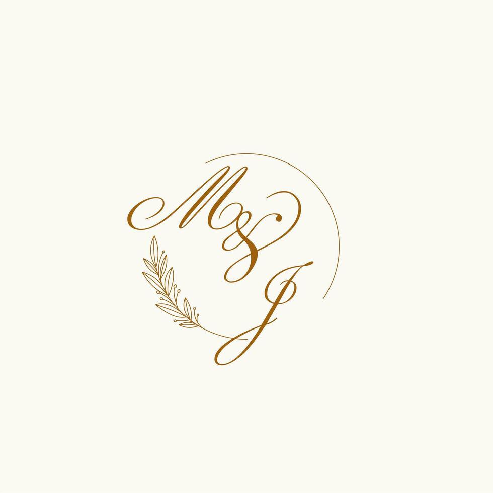 Initials MJ wedding monogram logo with leaves and elegant circular lines vector