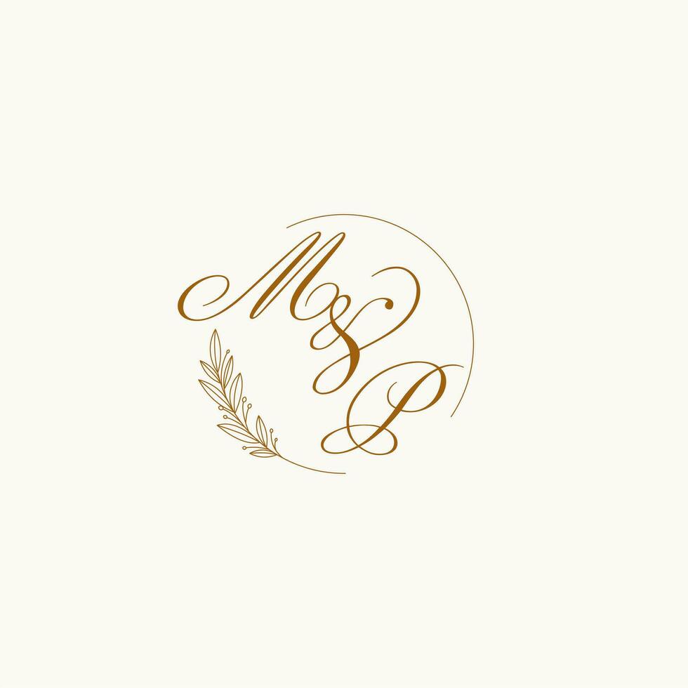 Initials MP wedding monogram logo with leaves and elegant circular lines vector