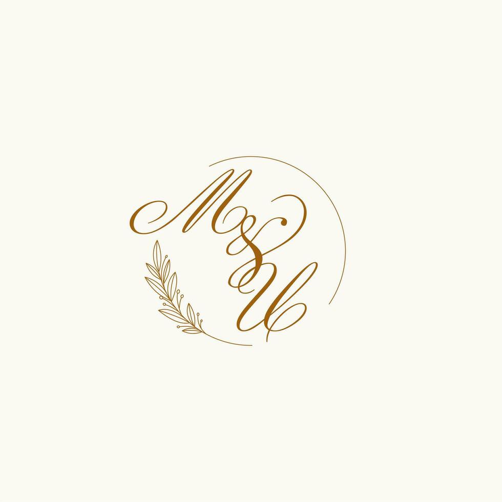 Initials MU wedding monogram logo with leaves and elegant circular lines vector