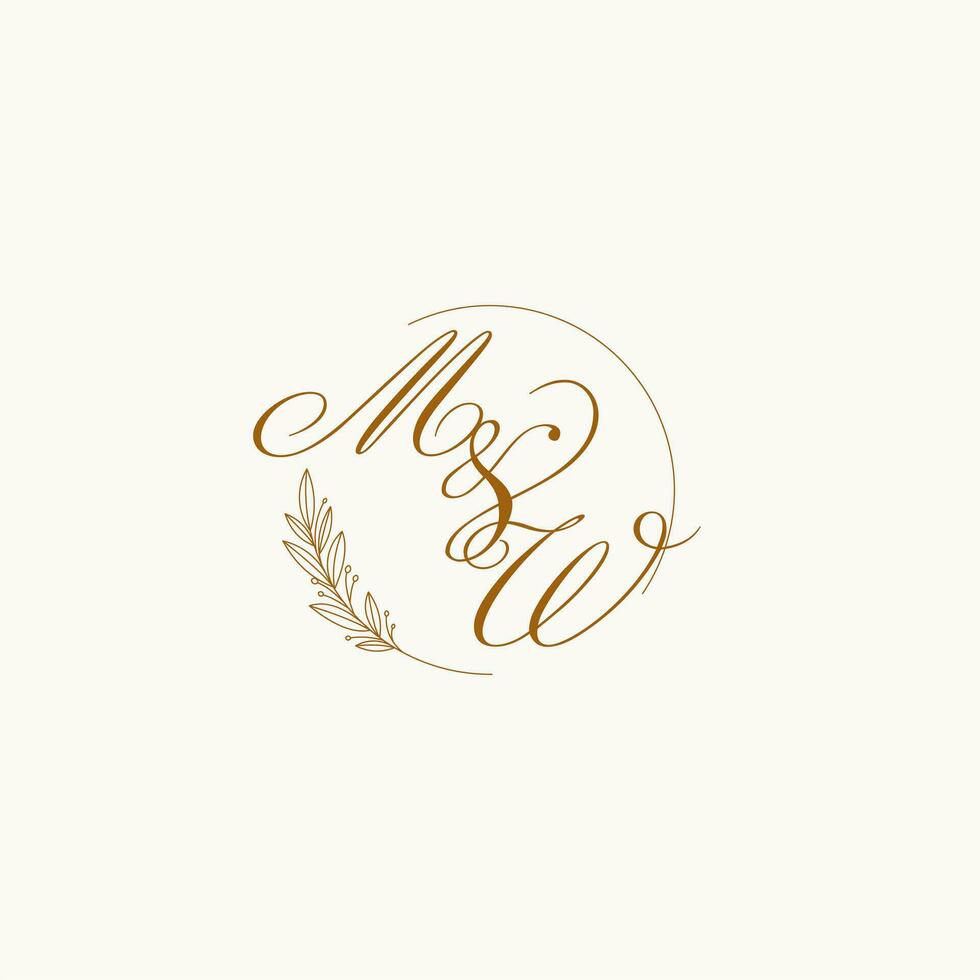 Initials MW wedding monogram logo with leaves and elegant circular lines vector