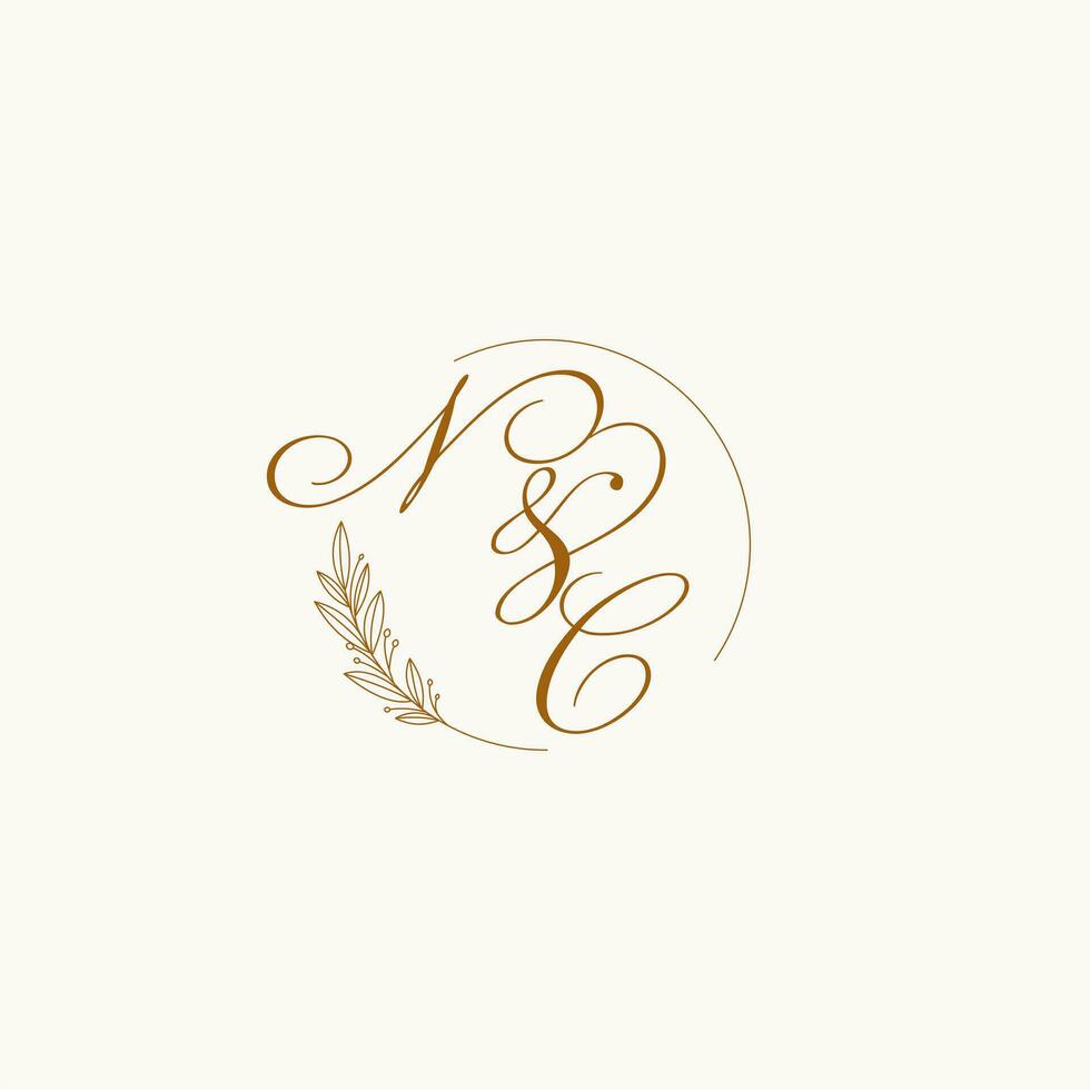 Initials NC wedding monogram logo with leaves and elegant circular lines vector