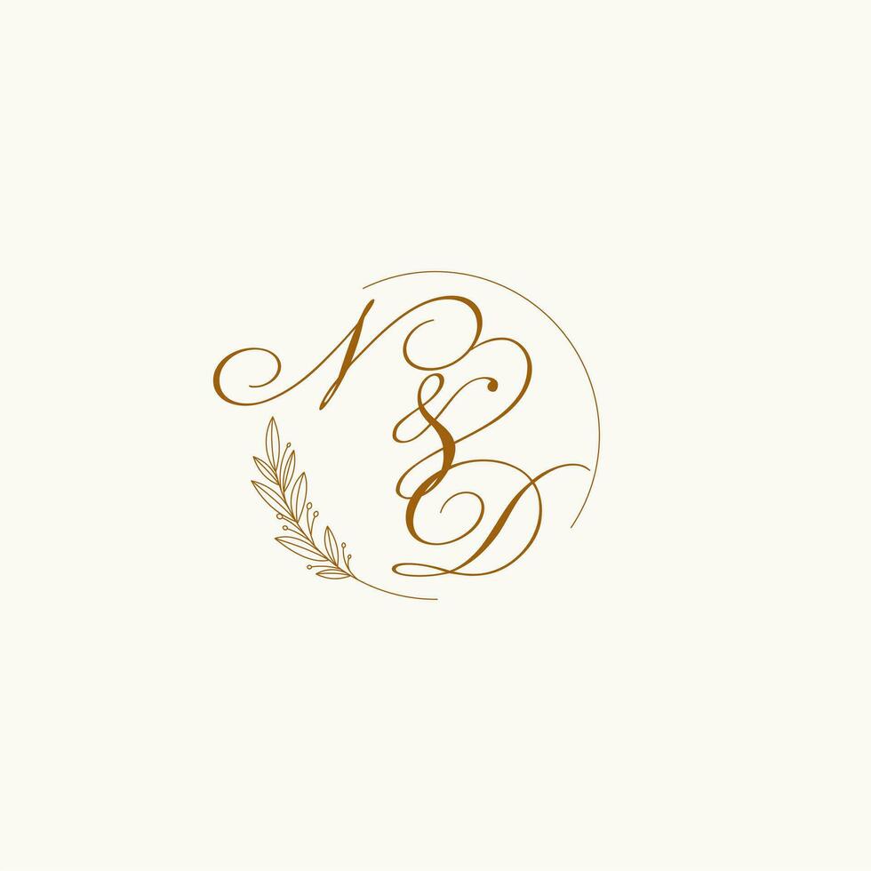 Initials ND wedding monogram logo with leaves and elegant circular lines vector