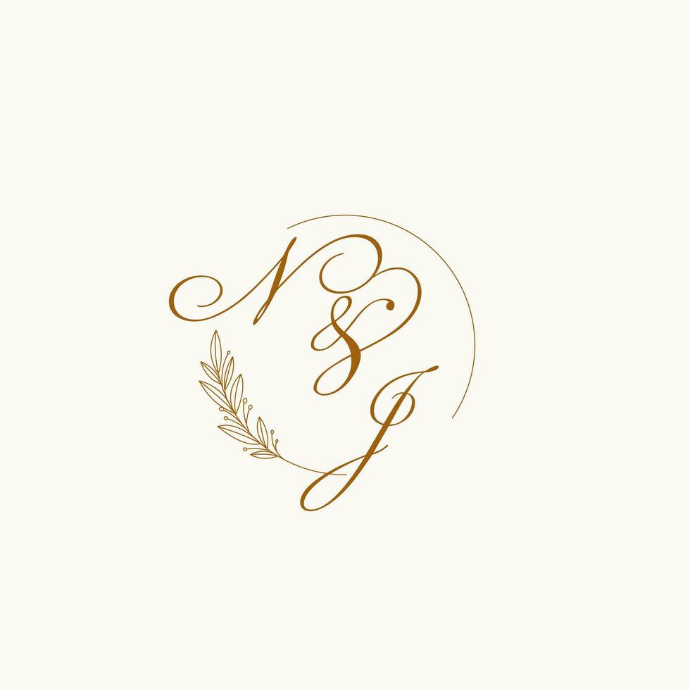 Initials NJ wedding monogram logo with leaves and elegant circular lines vector