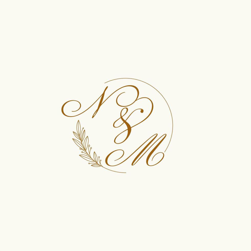 Initials NM wedding monogram logo with leaves and elegant circular lines vector