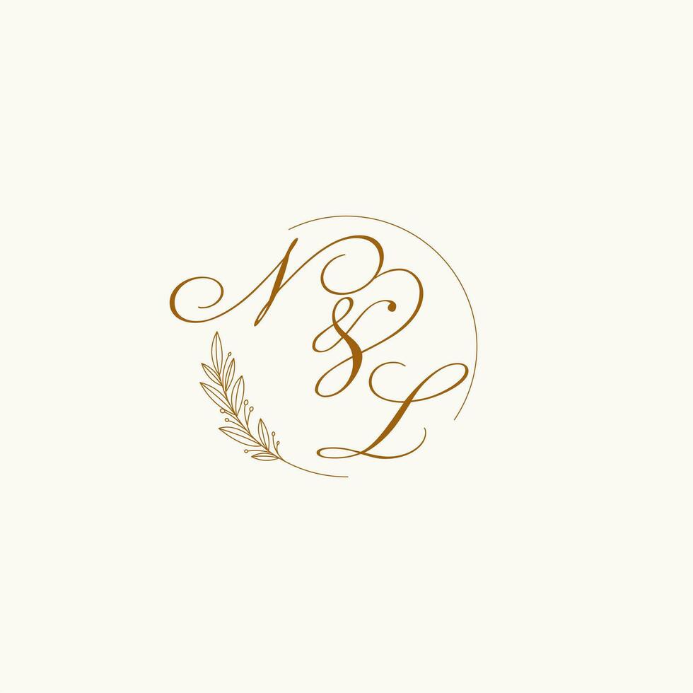 Initials NL wedding monogram logo with leaves and elegant circular lines vector