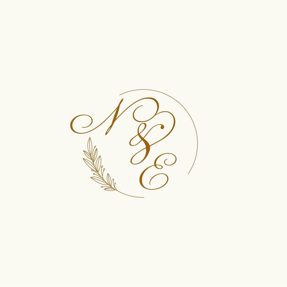Initials NE wedding monogram logo with leaves and elegant circular lines vector