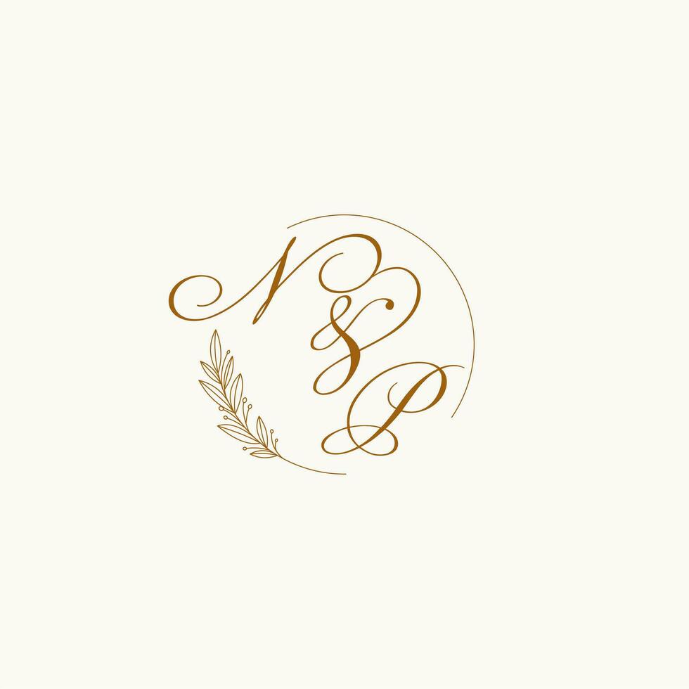 Initials NP wedding monogram logo with leaves and elegant circular lines vector