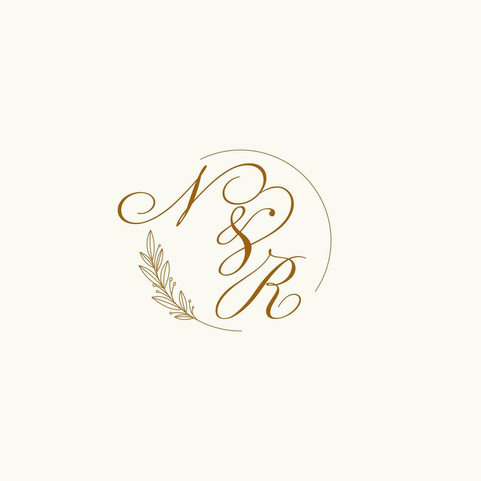 Initials NR wedding monogram logo with leaves and elegant circular lines vector