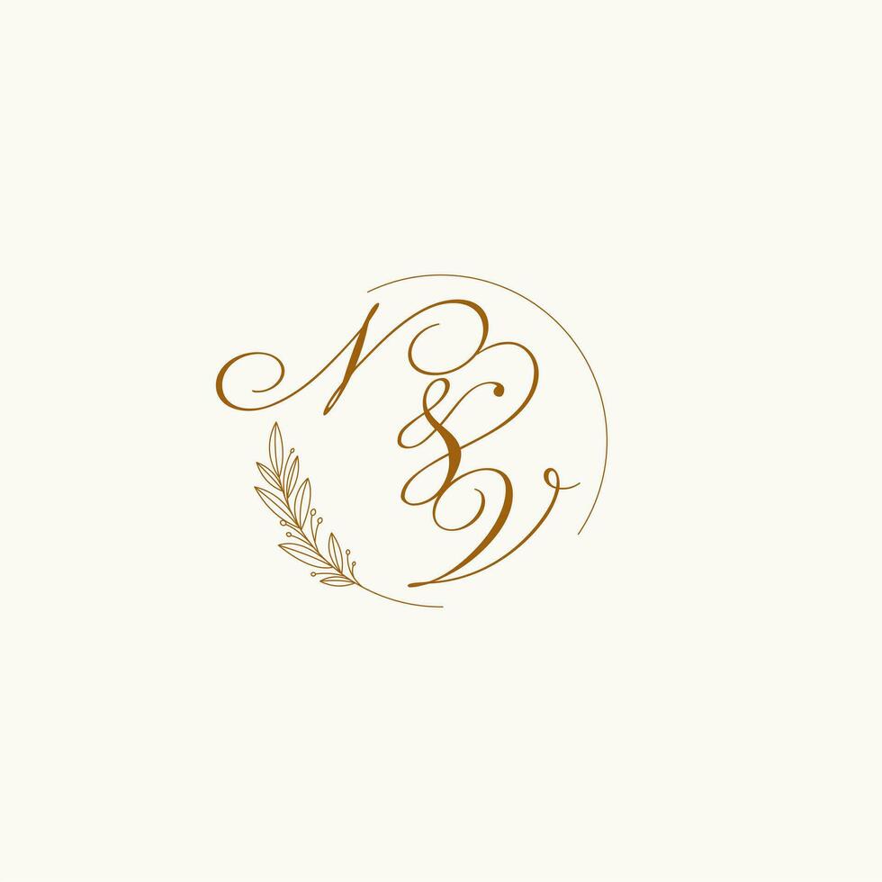 Initials NV wedding monogram logo with leaves and elegant circular lines vector