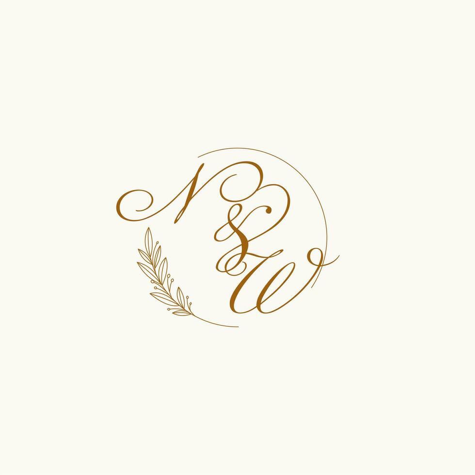 Initials NW wedding monogram logo with leaves and elegant circular lines vector