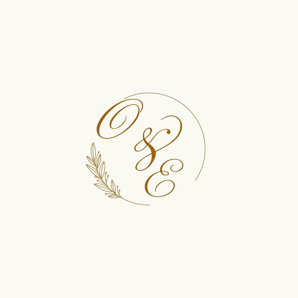 Initials OE wedding monogram logo with leaves and elegant circular lines vector