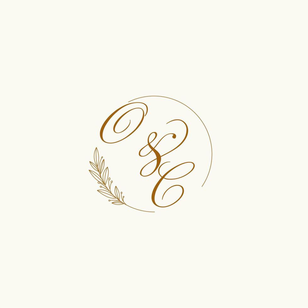 Initials OC wedding monogram logo with leaves and elegant circular lines vector