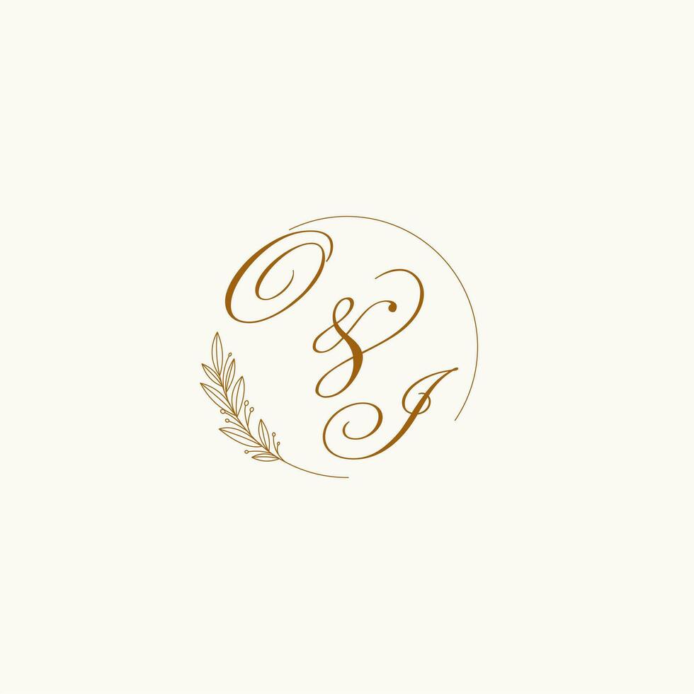 Initials OI wedding monogram logo with leaves and elegant circular lines vector