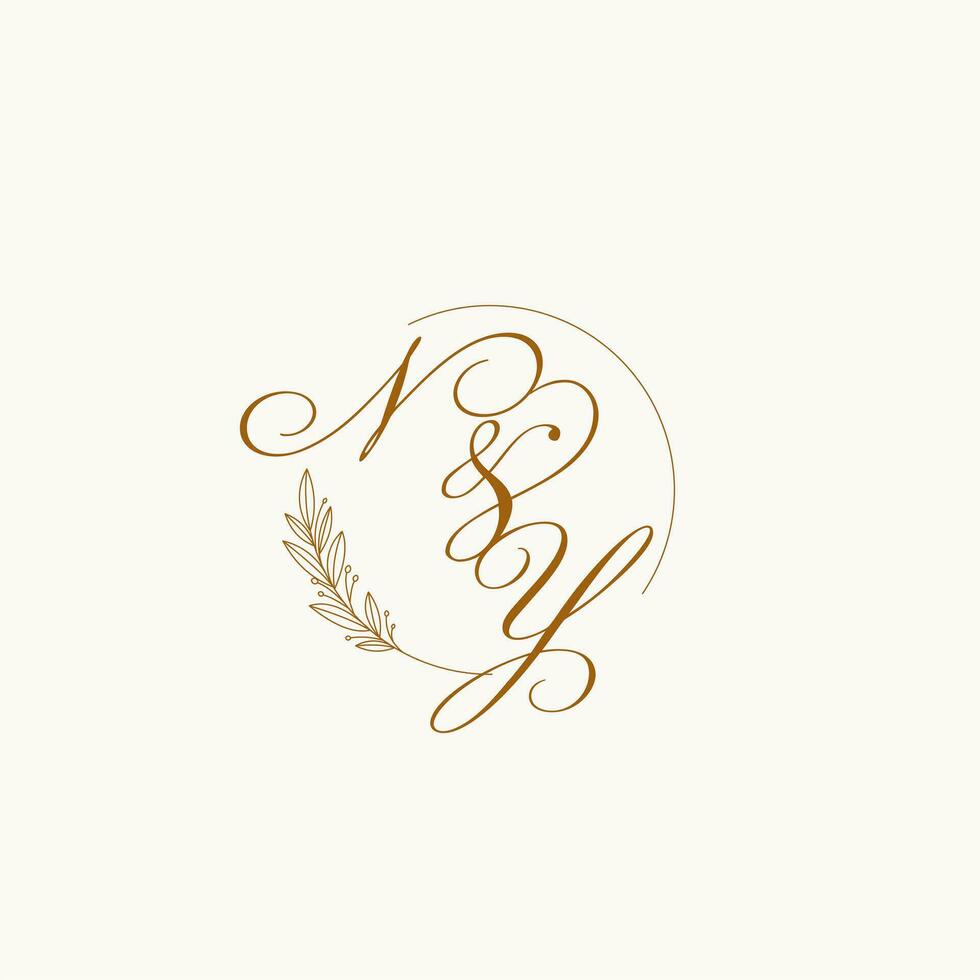 Initials NY wedding monogram logo with leaves and elegant circular lines vector