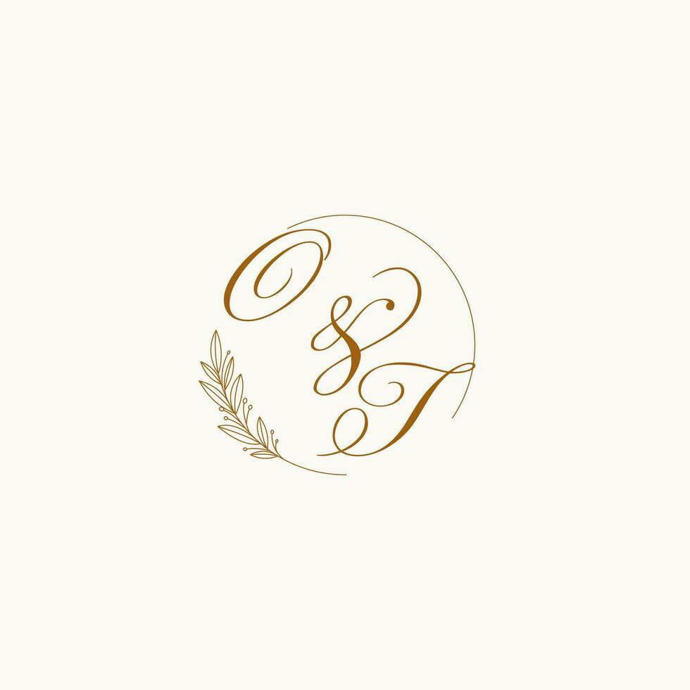 Initials OT wedding monogram logo with leaves and elegant circular lines vector