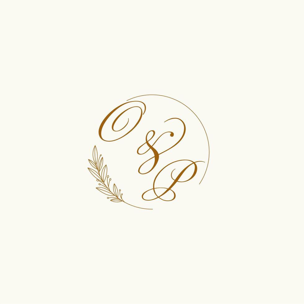 Initials OP wedding monogram logo with leaves and elegant circular lines vector