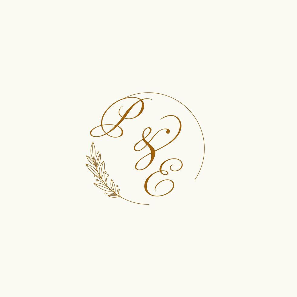 Initials PE wedding monogram logo with leaves and elegant circular lines vector
