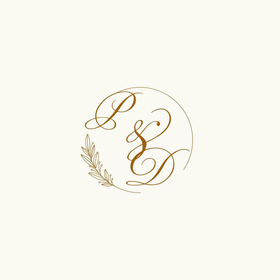 Initials PD wedding monogram logo with leaves and elegant circular lines vector