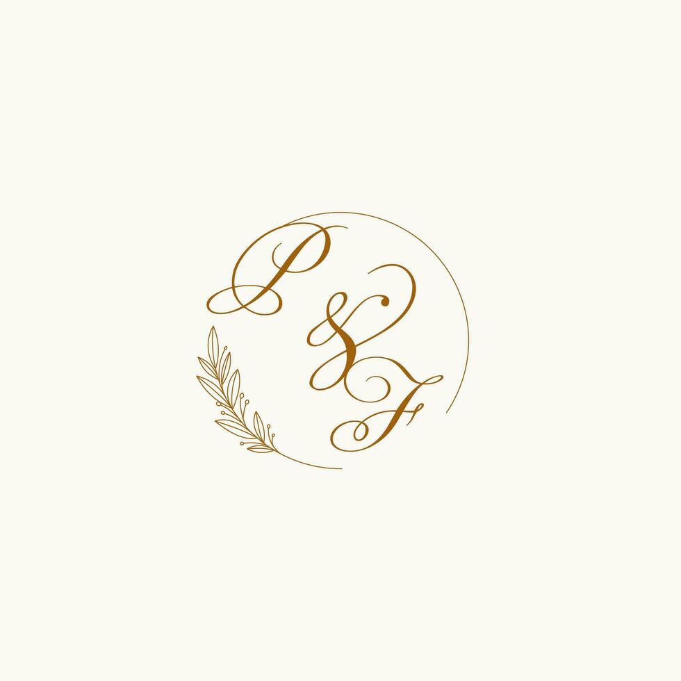 Initials PF wedding monogram logo with leaves and elegant circular lines vector