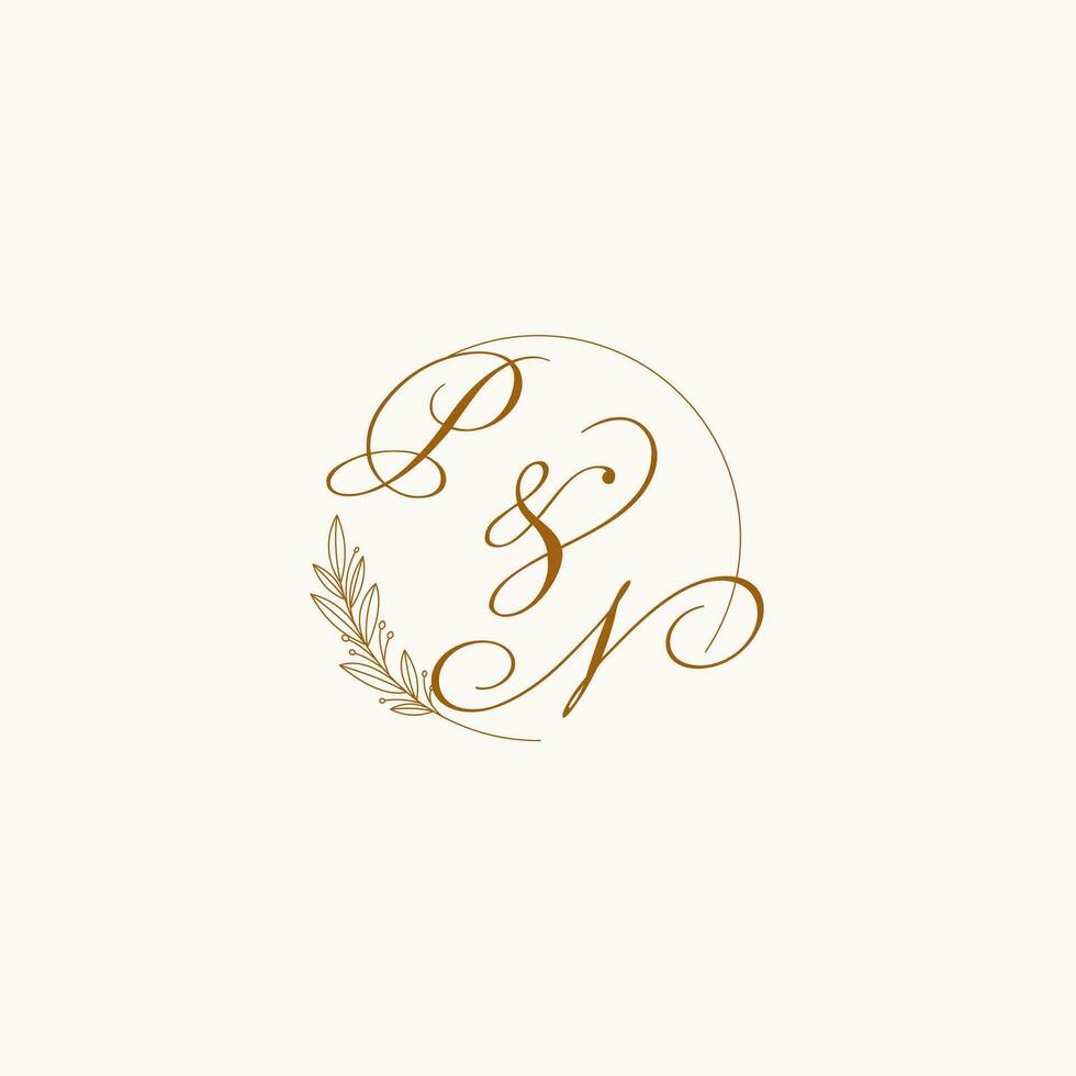 Initials PN wedding monogram logo with leaves and elegant circular lines vector