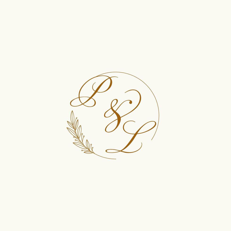 Initials PL wedding monogram logo with leaves and elegant circular lines vector