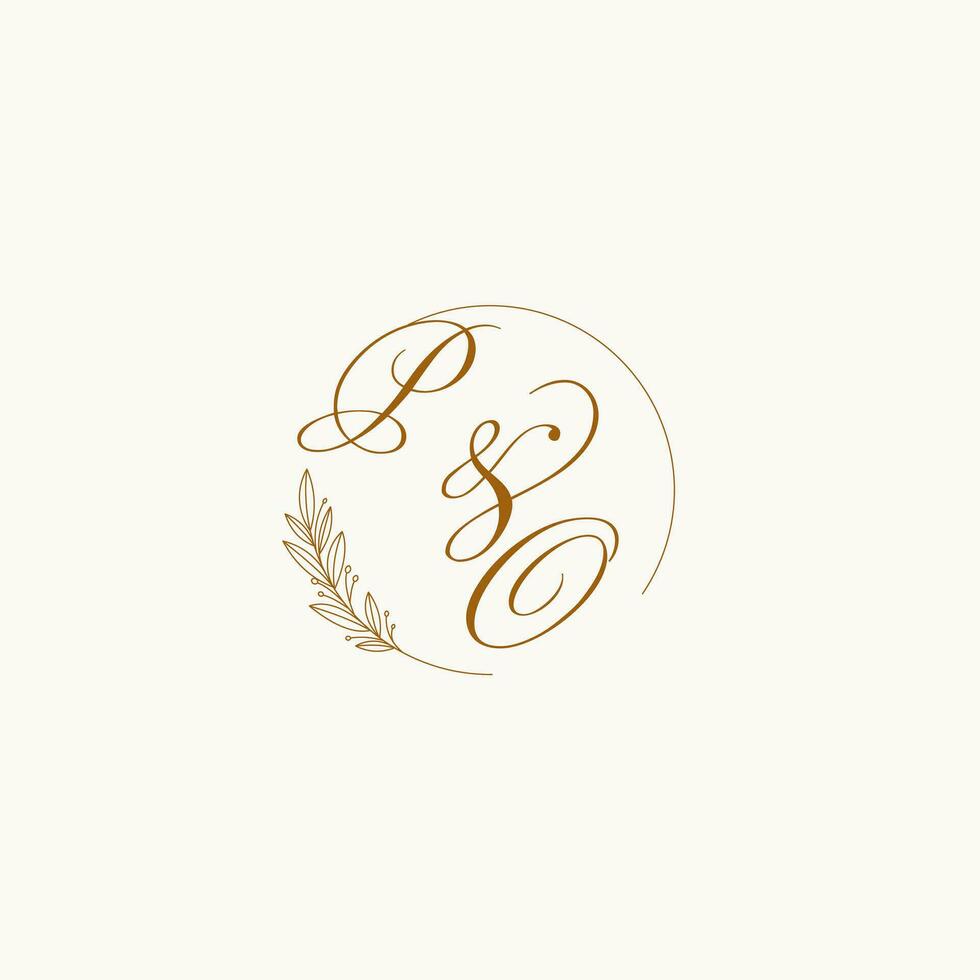 Initials PO wedding monogram logo with leaves and elegant circular lines vector