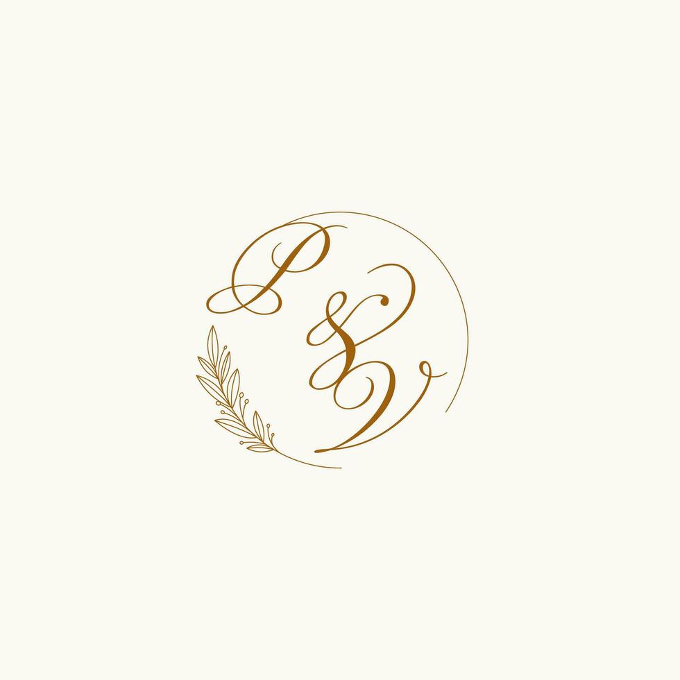 Initials PV wedding monogram logo with leaves and elegant circular lines vector