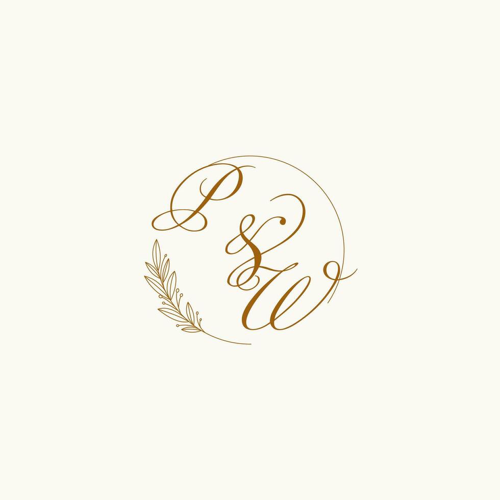 Initials PW wedding monogram logo with leaves and elegant circular lines vector