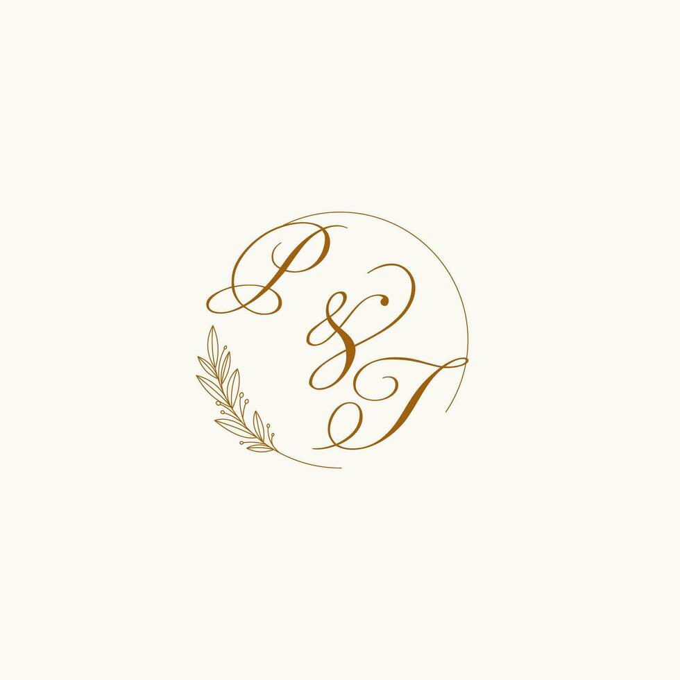 Initials PT wedding monogram logo with leaves and elegant circular lines vector