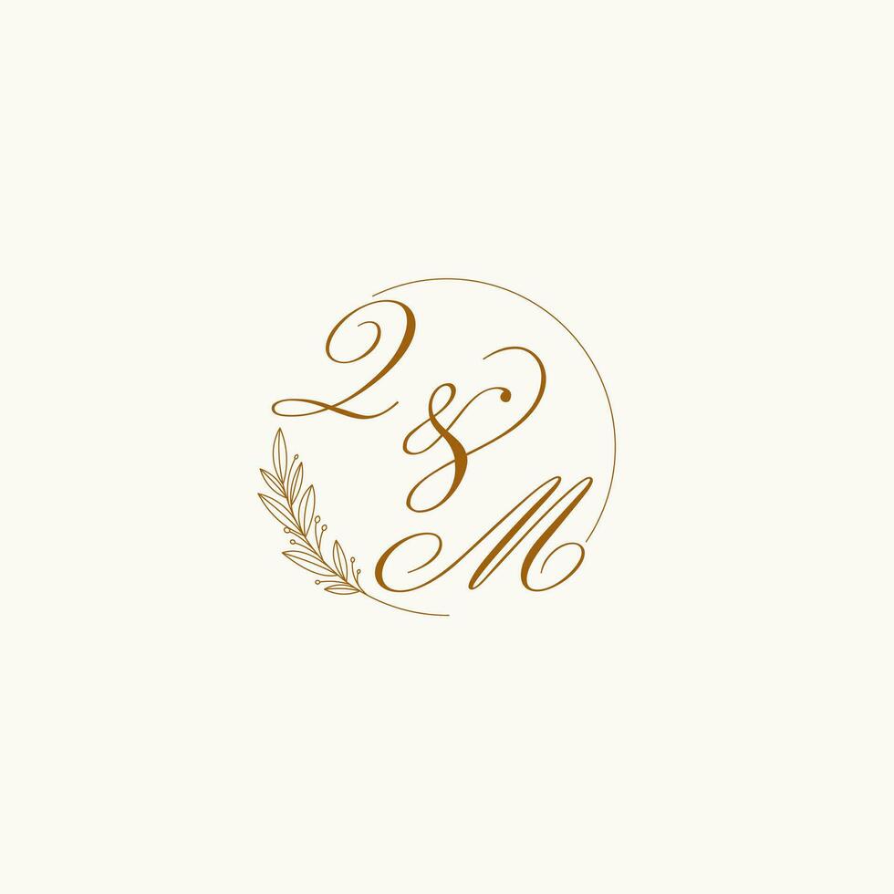 Initials QM wedding monogram logo with leaves and elegant circular lines vector