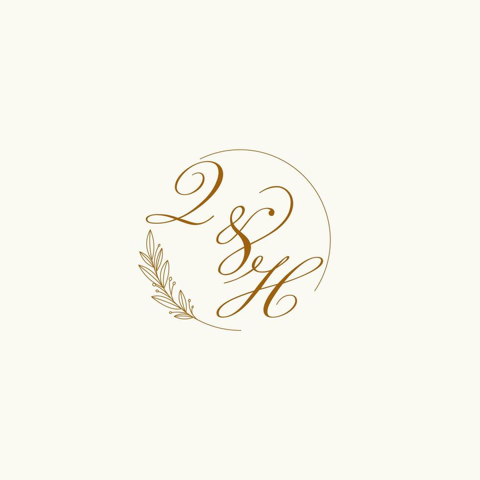 Initials QH wedding monogram logo with leaves and elegant circular lines vector