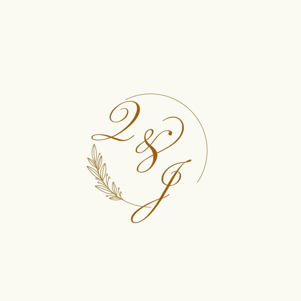 Initials QJ wedding monogram logo with leaves and elegant circular lines vector