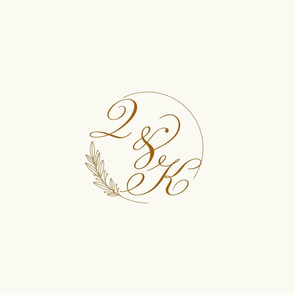 Initials QK wedding monogram logo with leaves and elegant circular lines vector