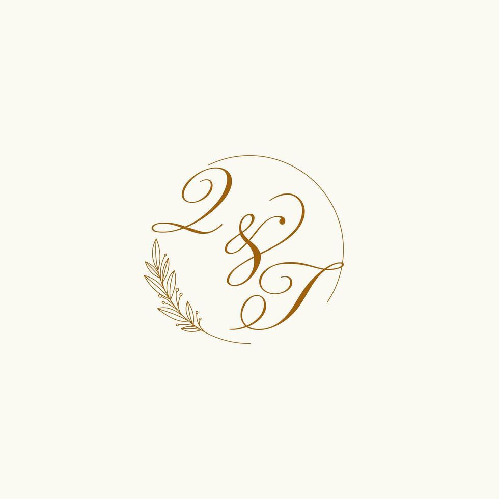 Initials QT wedding monogram logo with leaves and elegant circular lines vector