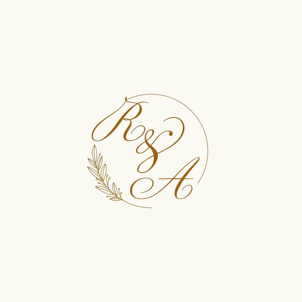 Initials RA wedding monogram logo with leaves and elegant circular lines vector