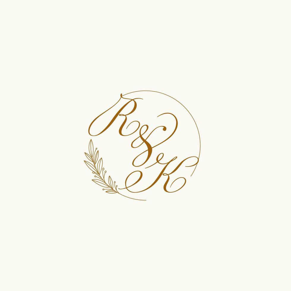 Initials RK wedding monogram logo with leaves and elegant circular lines vector