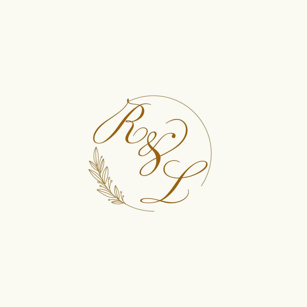 Initials RL wedding monogram logo with leaves and elegant circular lines vector