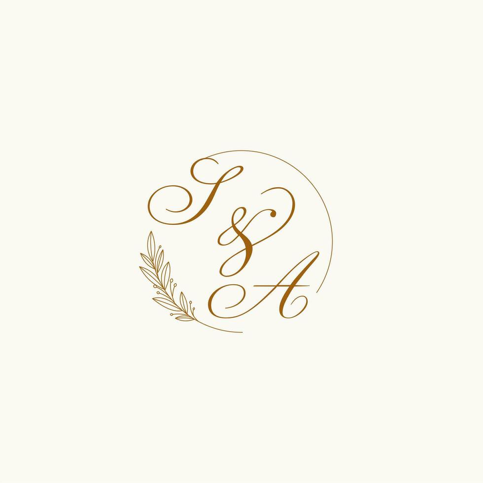 Initials SA wedding monogram logo with leaves and elegant circular lines vector