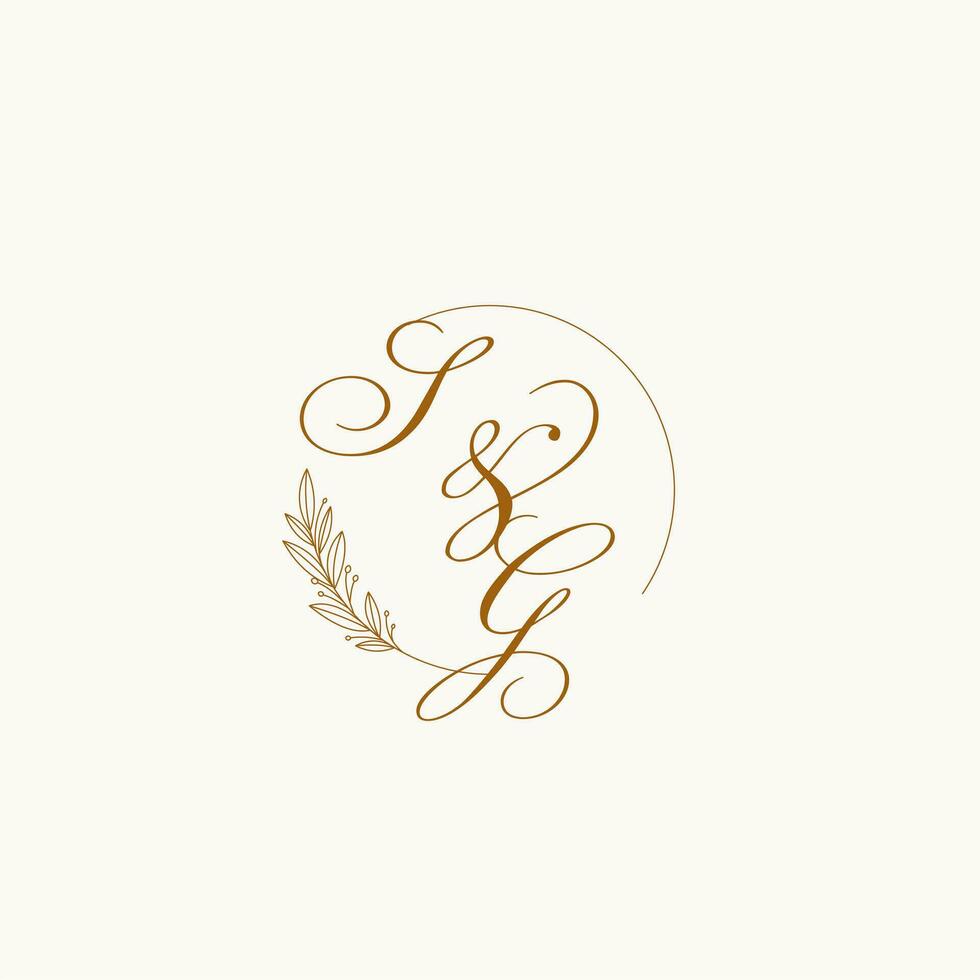 Initials SG wedding monogram logo with leaves and elegant circular lines vector