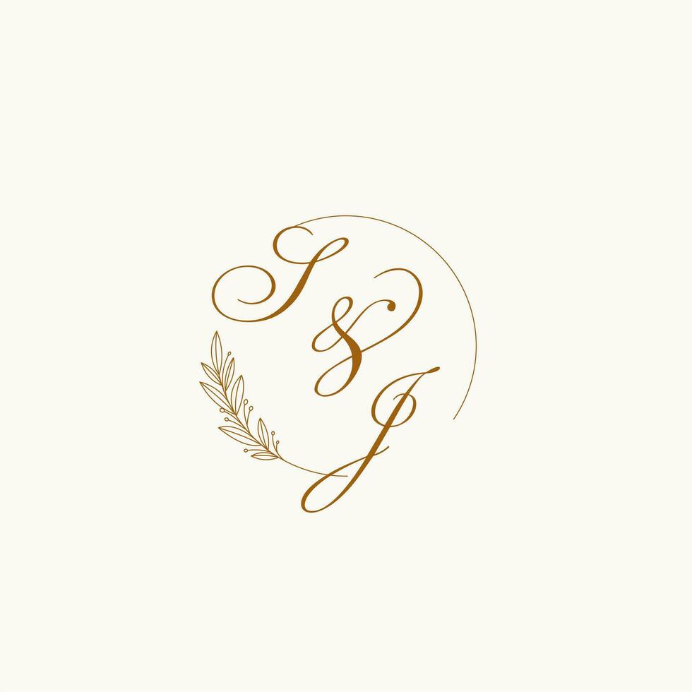 Initials SJ wedding monogram logo with leaves and elegant circular lines vector