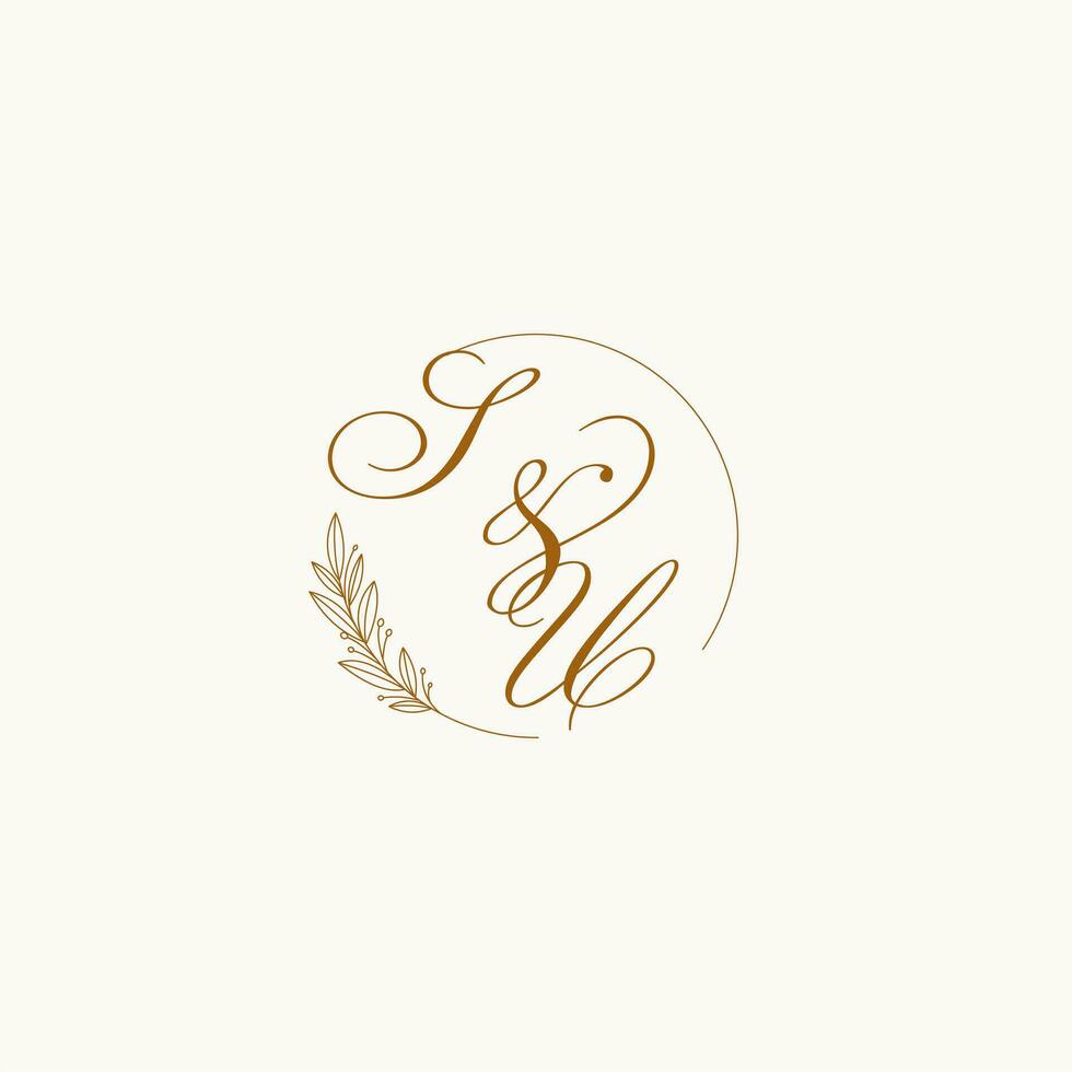 Initials SU wedding monogram logo with leaves and elegant circular lines vector