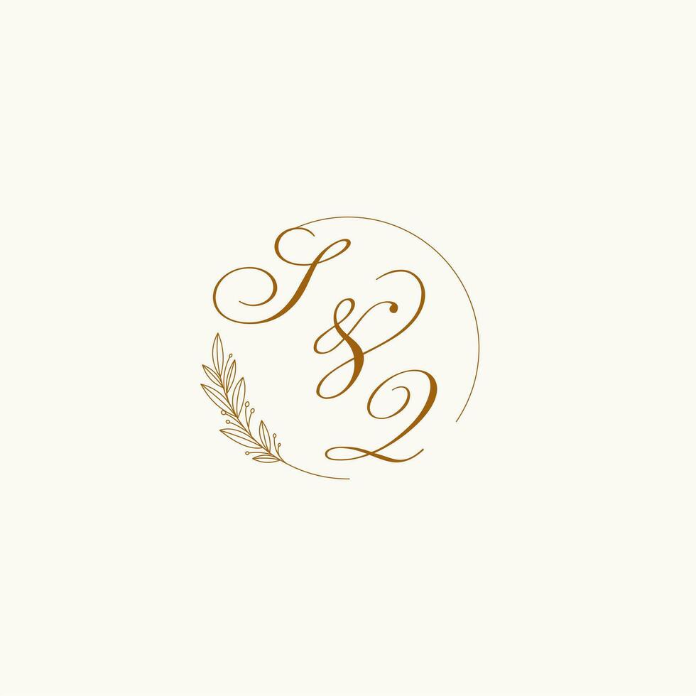 Initials SQ wedding monogram logo with leaves and elegant circular lines vector