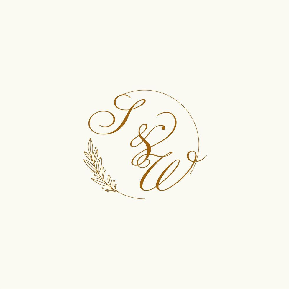 Initials SW wedding monogram logo with leaves and elegant circular lines vector
