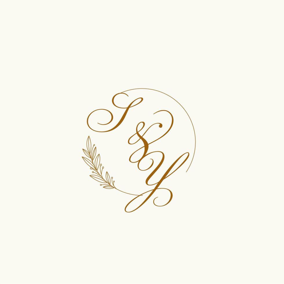 Initials SY wedding monogram logo with leaves and elegant circular lines vector