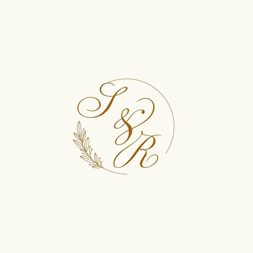 Initials SR wedding monogram logo with leaves and elegant circular lines vector
