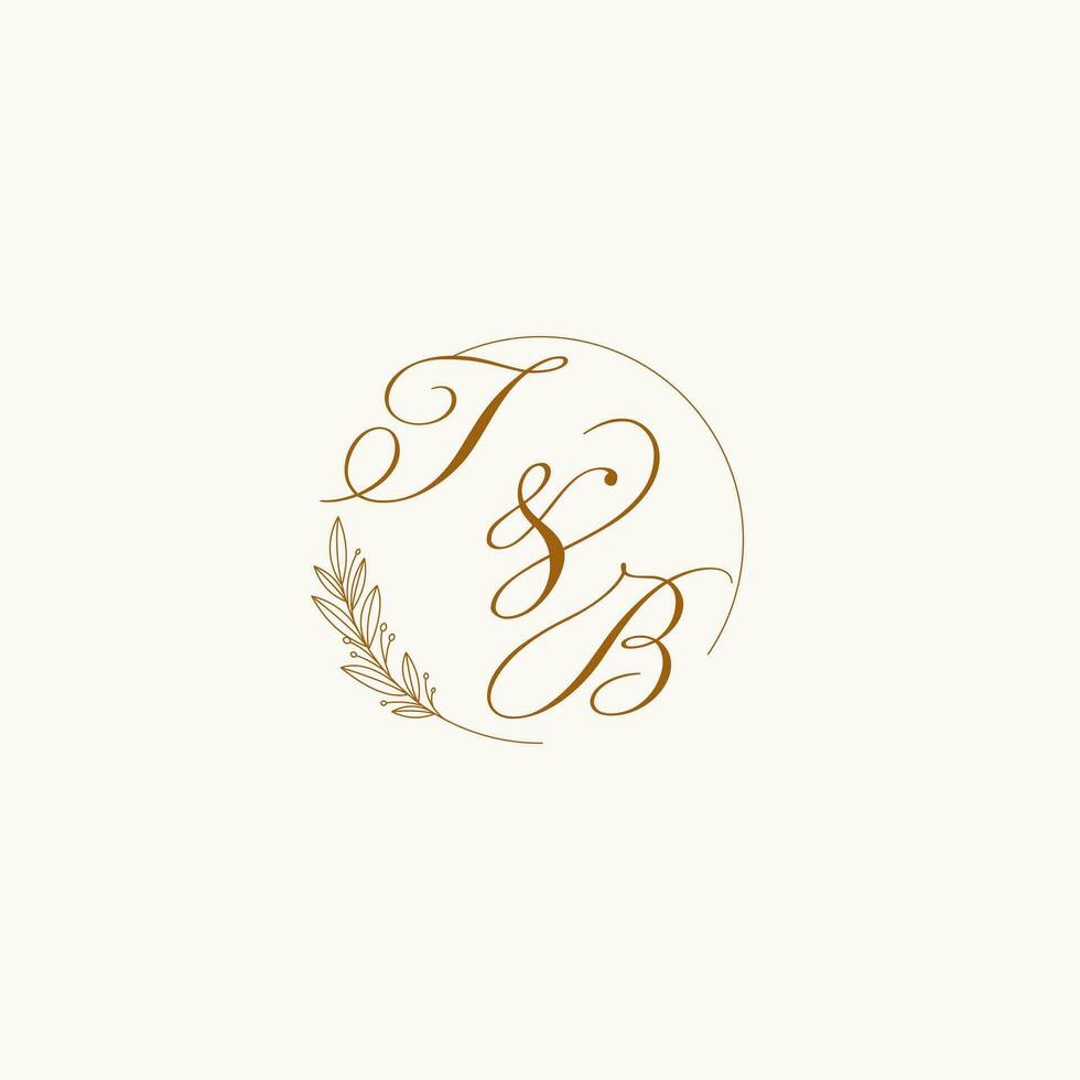 Initials TB wedding monogram logo with leaves and elegant circular lines vector