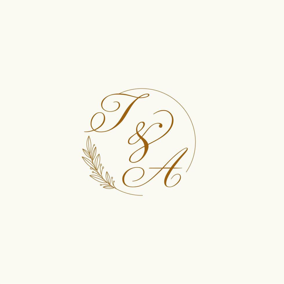 Initials TA wedding monogram logo with leaves and elegant circular lines vector