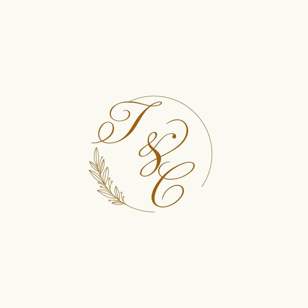 Initials TC wedding monogram logo with leaves and elegant circular lines vector