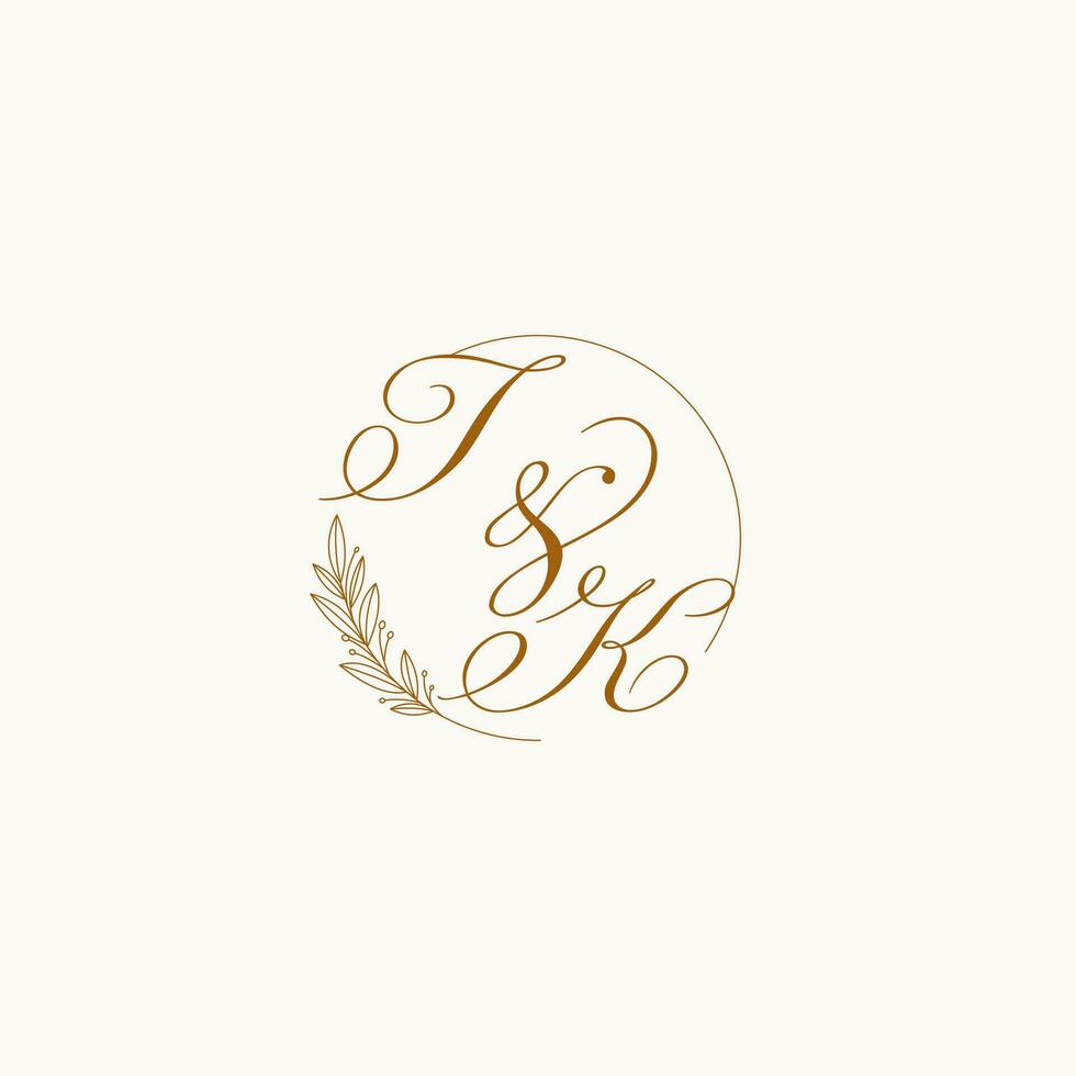 iniciales tk Boda monograma logo con hojas y elegante circular líneas vector